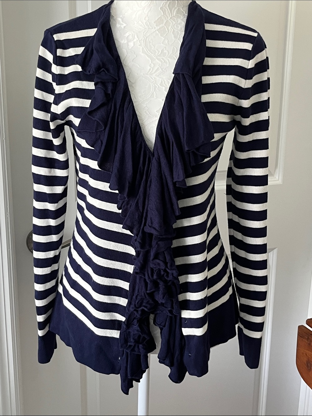 Boston Proper Navy & White Striped Ruffle-Front Hidden Buttons Cardigan SZ L